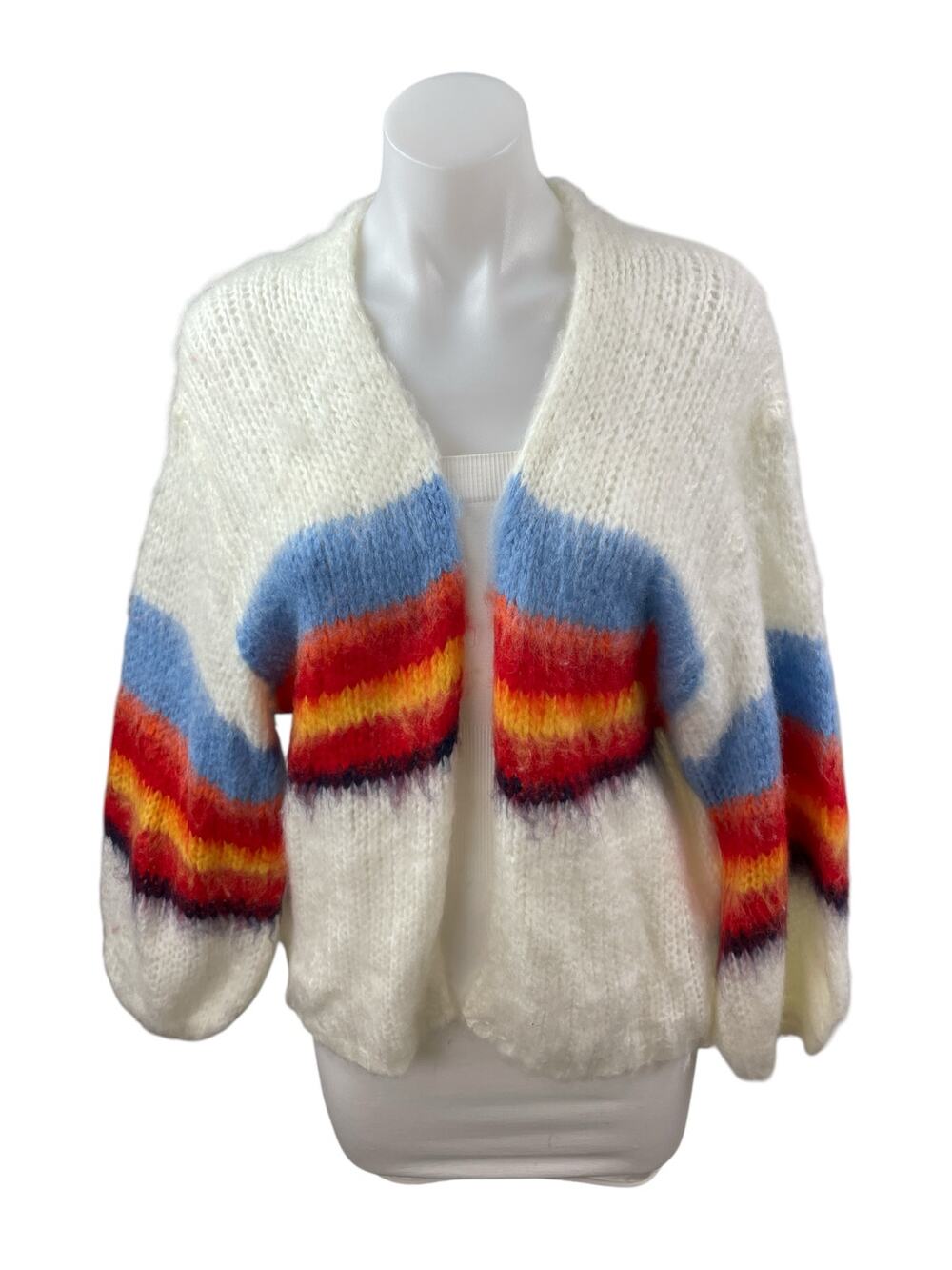 Women's Multicolor Color Block Chunky Knit Balloon Sleeve Cardigan Sweater Top S